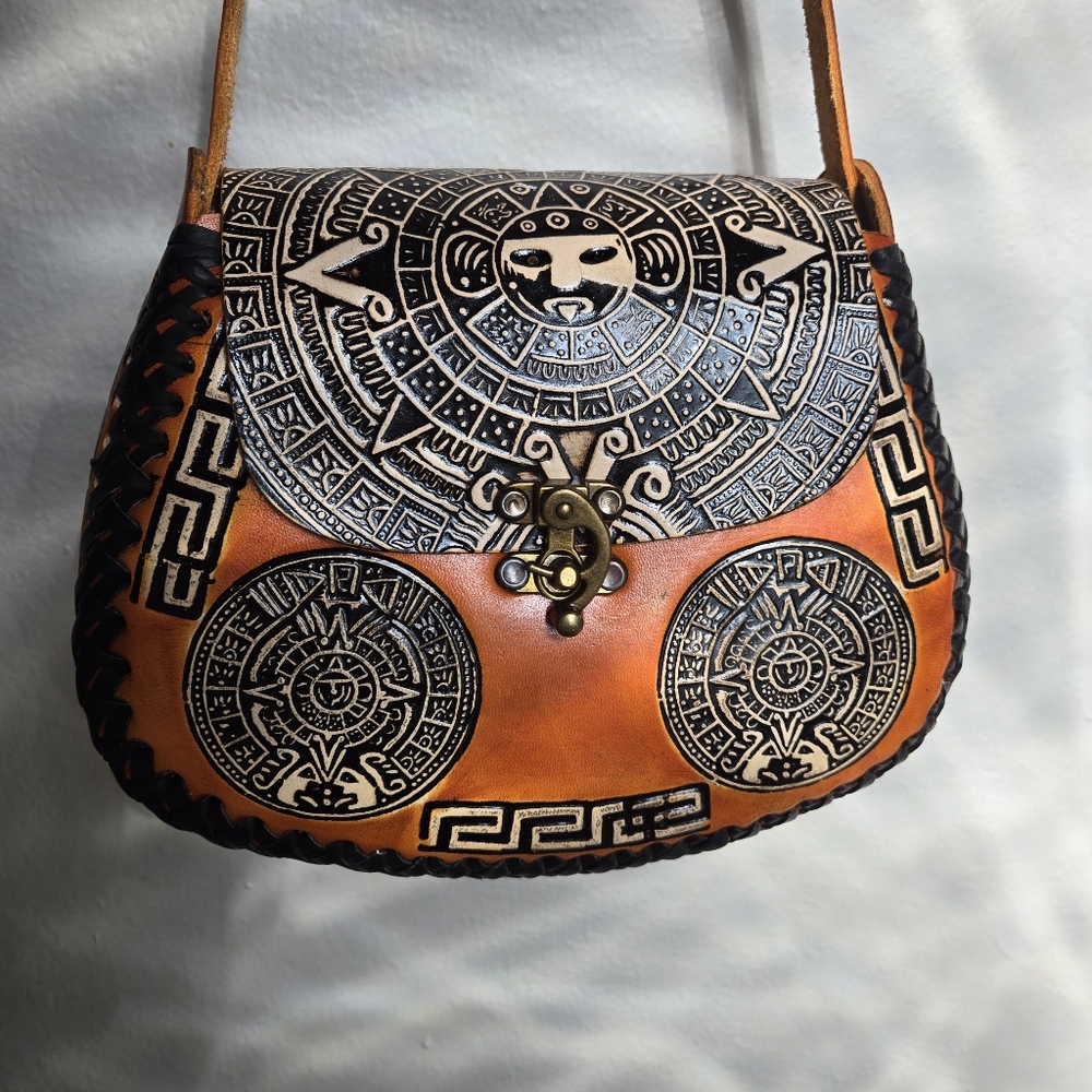 Brand New Hand-Tooled Leather Aztec Calendar Purse / Handmade Mexican Bag